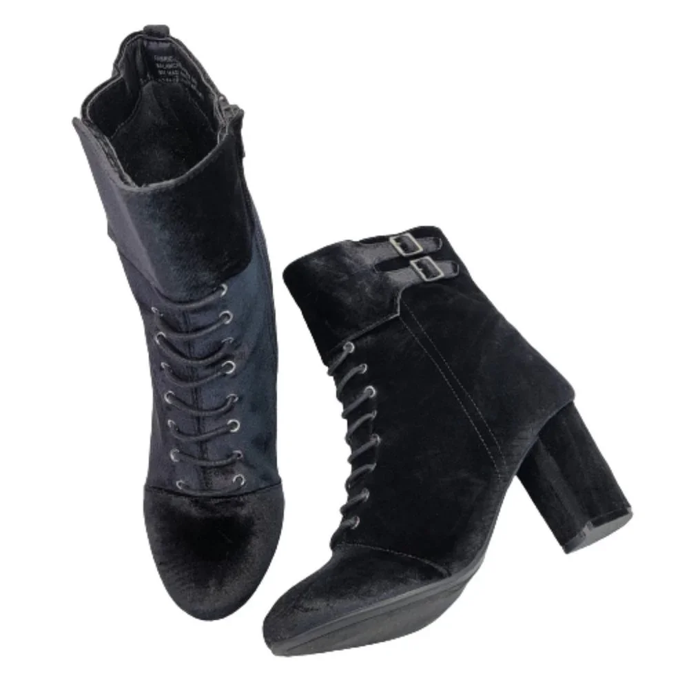 Diba Sz 8.5 Velveteen Cuffed Goth Buckle Lace Up Zip High Heel Ankle Boot Shoes